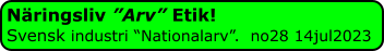 Näringsliv ”Arv” Etik! Svensk industri “Nationalarv”.  no28 14jul2023